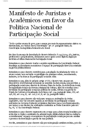 Manifesto de Juristas e Acadêmicos em favor da Política Nacional de Participação Social